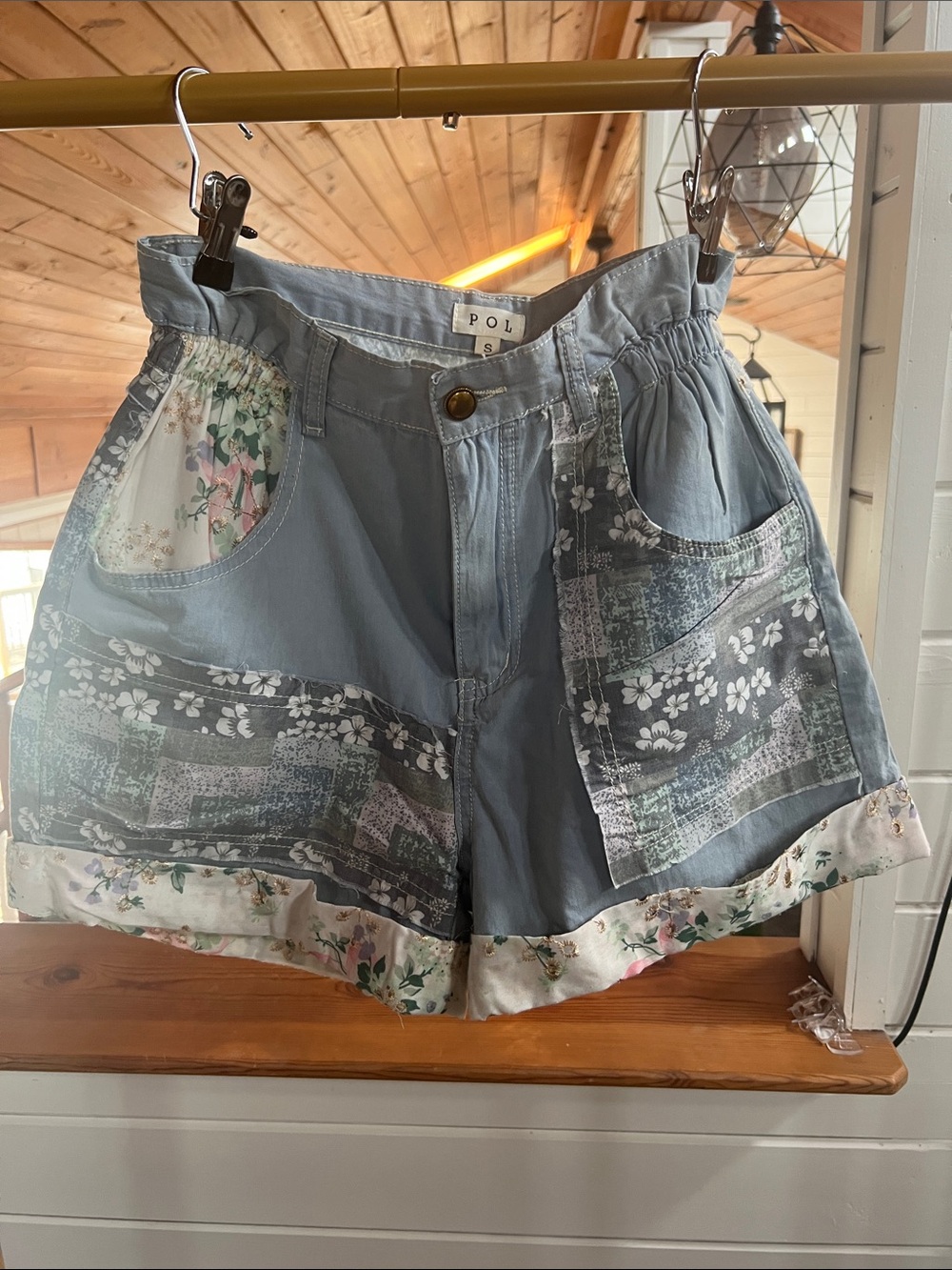 POL Women's Light Blue Floral Patchwork High Waist Shorts